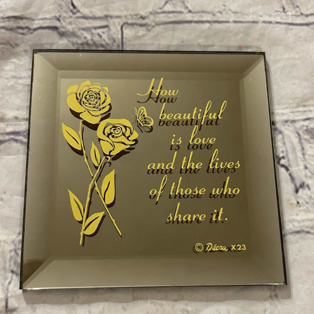 DACRA GLASS CO. USA MADE VINTAGE SMALL SQUARE MIRROR FLORAL WITH LOVE WORDS